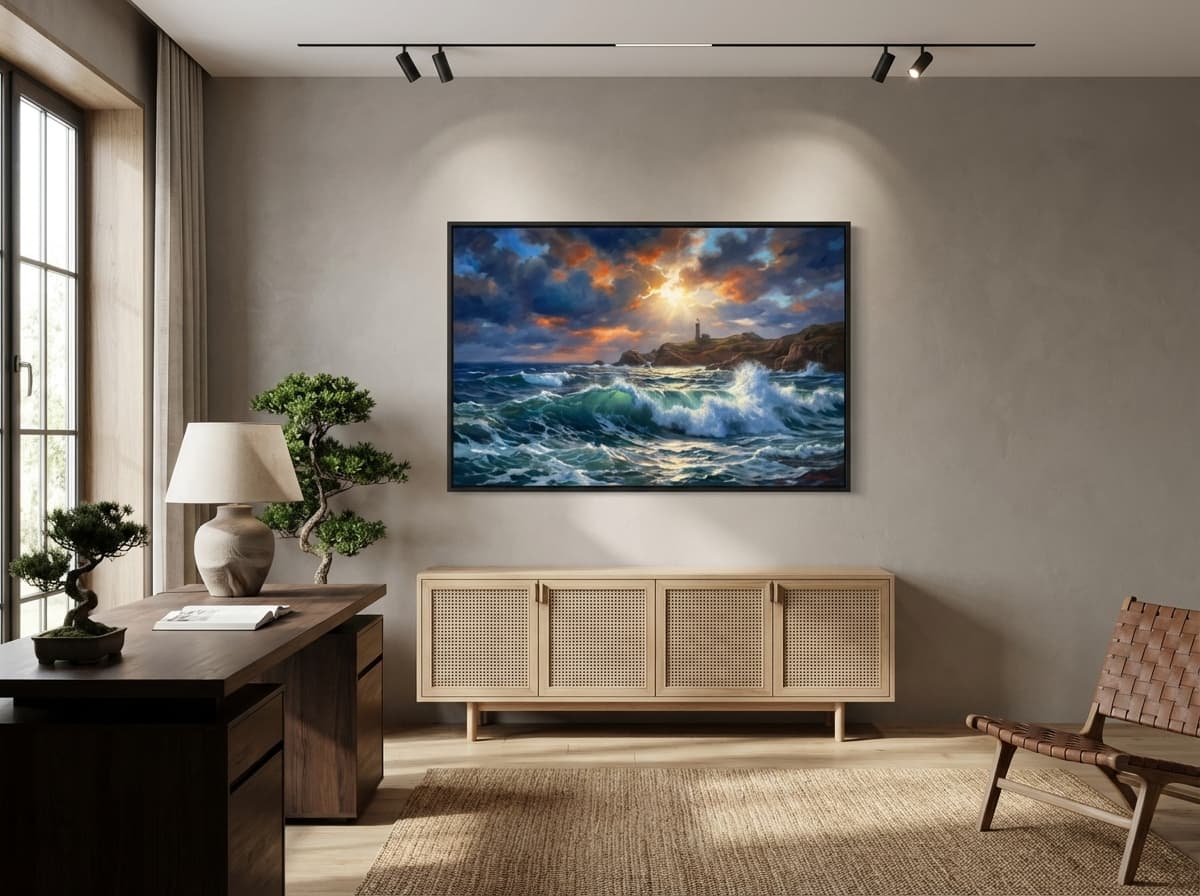Coastal Seascape artwork in Japandi Executive Office