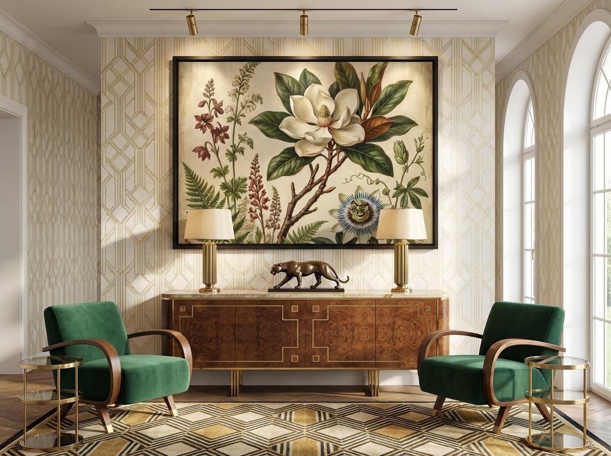 Botanical Study artwork in Art Deco Living Room