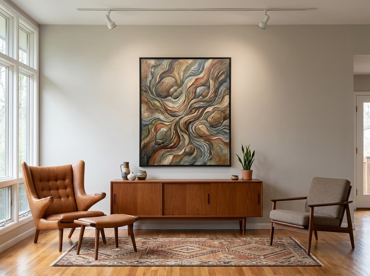 Nature Abstract artwork in Mid-Century Modern Living Room